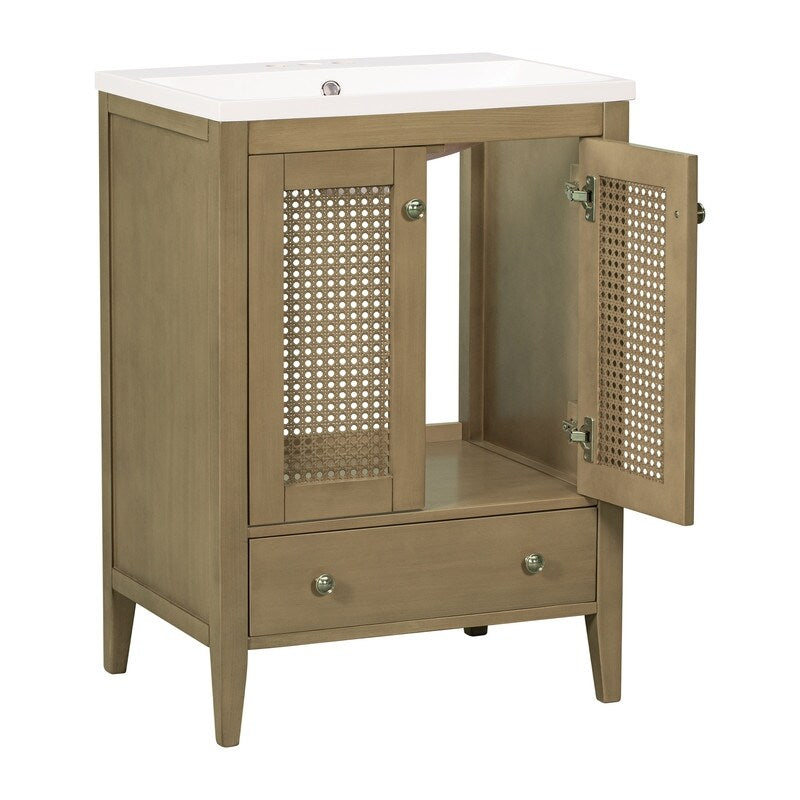 24" Bathroom Vanity with Ceramic Basin, Rattan Bathroom Storage Cabinet with Two Doors and Drawer