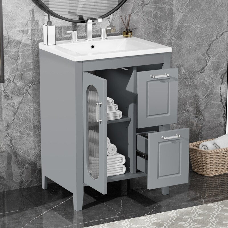 24" Bathroom Vanity with Ceramic Sink, 2 Drawers and Door, Adjustable Shelf