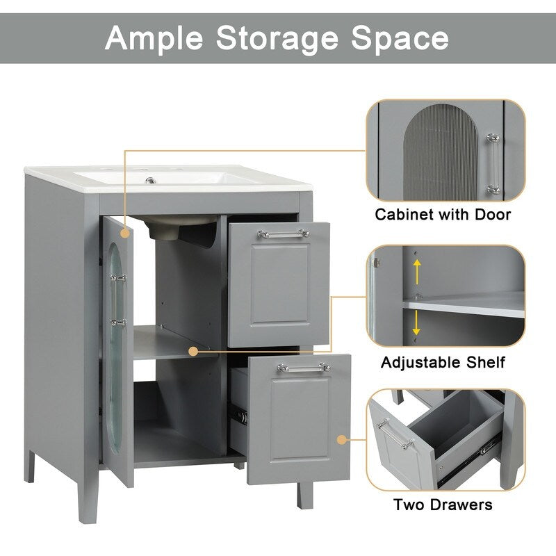 24" Bathroom Vanity with Ceramic Sink, 2 Drawers and Door, Adjustable Shelf