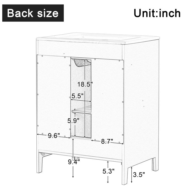 24" Bathroom Vanity with Ceramic Sink, 2 Drawers and Door, Adjustable Shelf