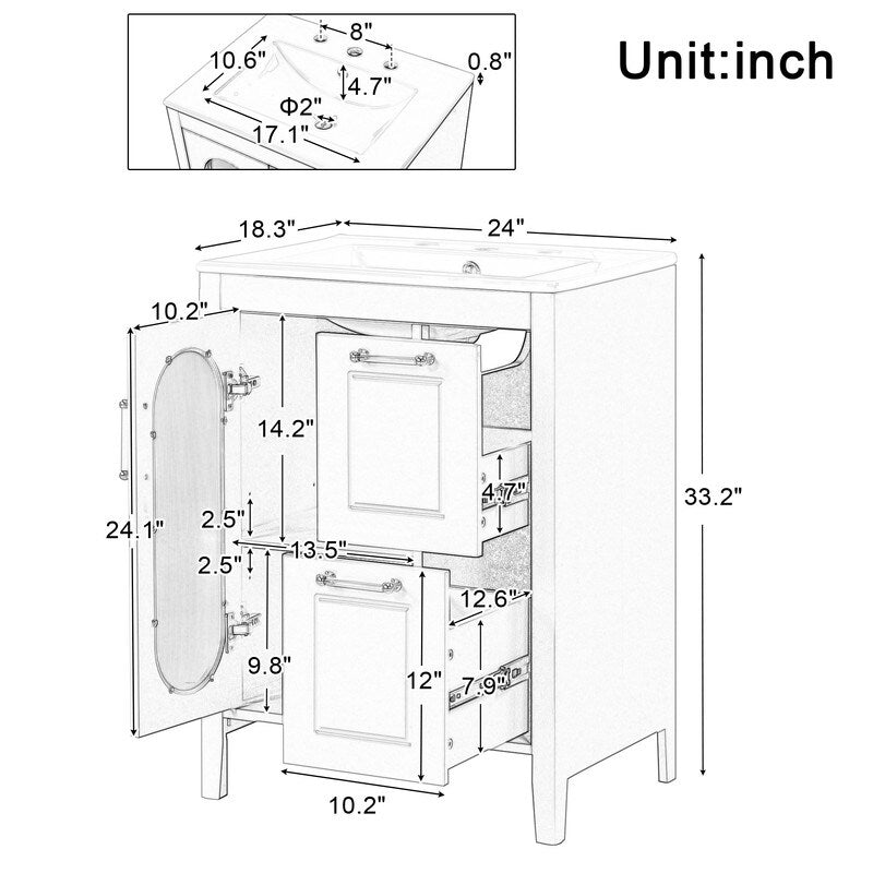 24" Bathroom Vanity with Ceramic Sink, 2 Drawers and Door, Adjustable Shelf