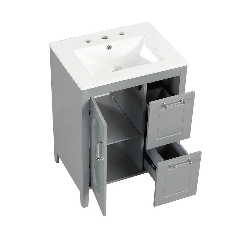 24" Bathroom Vanity with Ceramic Sink, 2 Drawers and Door, Adjustable Shelf