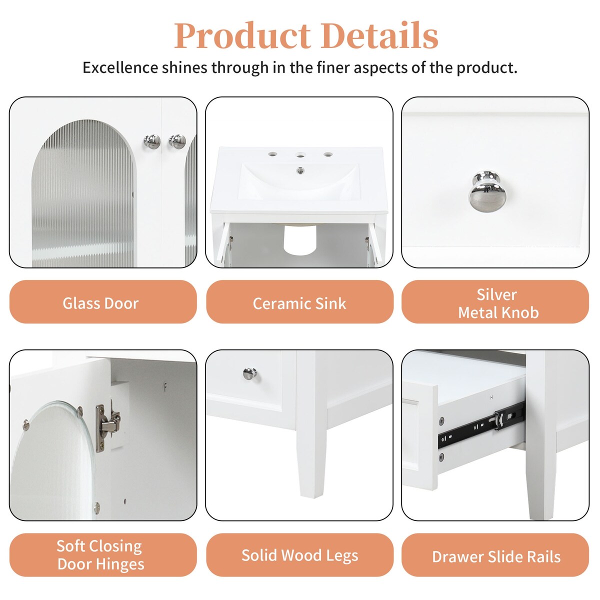 24" Bathroom Vanity with Sink, Bathroom Vanity Cabinet with One Drawer and Doors, Adjustable Shelf, Solid Wood and MDF, White