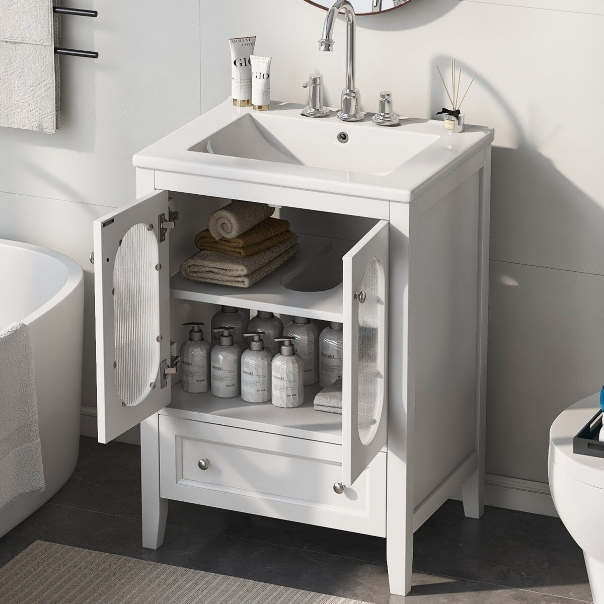 24" Bathroom Vanity with Sink, Bathroom Vanity Cabinet with One Drawer and Doors, Adjustable Shelf