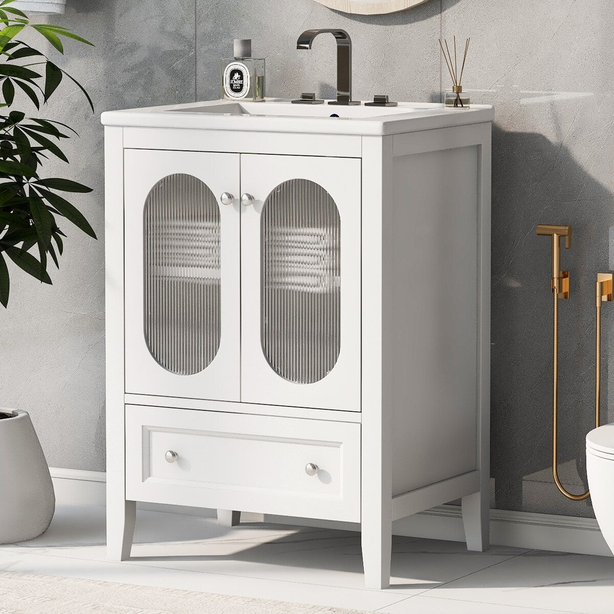 24" Bathroom Vanity with Sink, Bathroom Vanity Cabinet with One Drawer and Doors, Adjustable Shelf