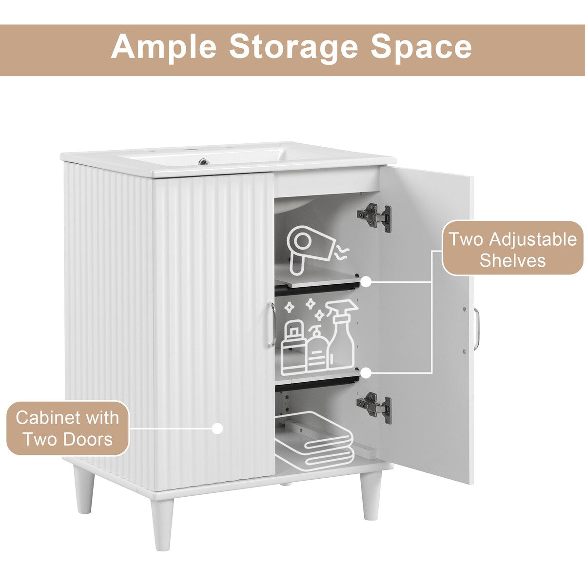 24" Bathroom Vanity with Sink,Bathroom Vanity Cabinet with Two Doors,Adjustable Shelves,Solid Wood and MDF