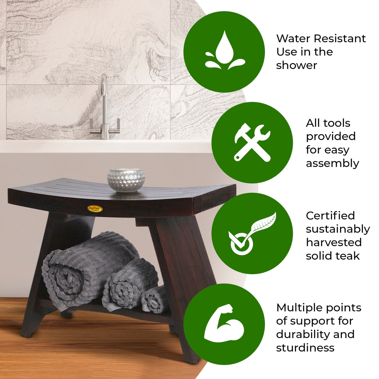 24" DecoTeak Serenity Eastern Style Solid Teak Shower Bench With Shelf in WoodLand Brown Finish