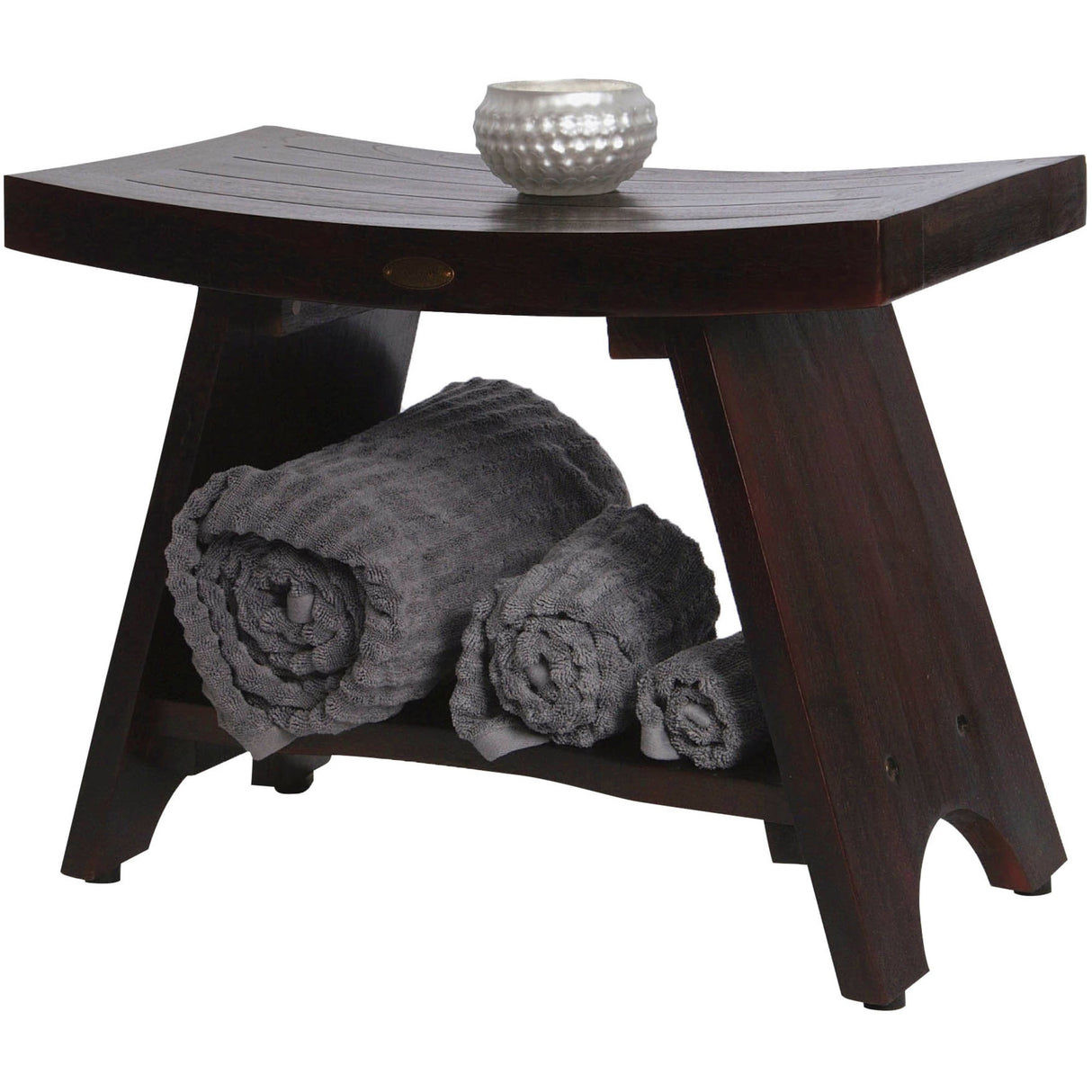 24" DecoTeak Serenity Eastern Style Solid Teak Shower Bench With Shelf in WoodLand Brown Finish