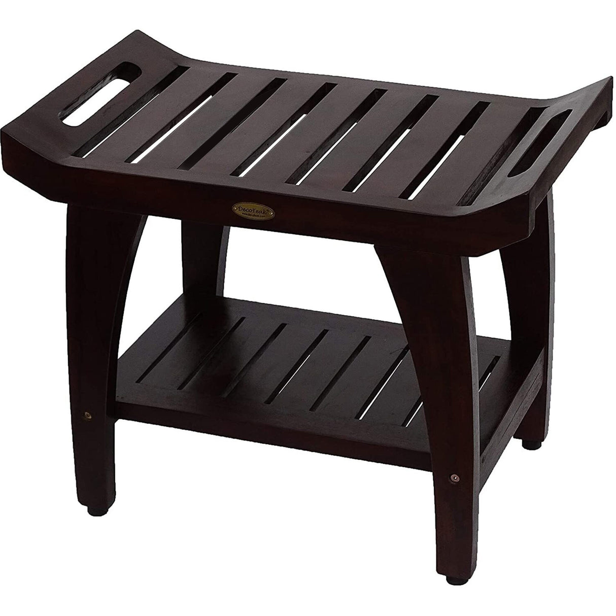 24" DecoTeak Tranquility Shower Bench With Large Storage Shelf & LiftAide Arms- WoodLand Brown Finish