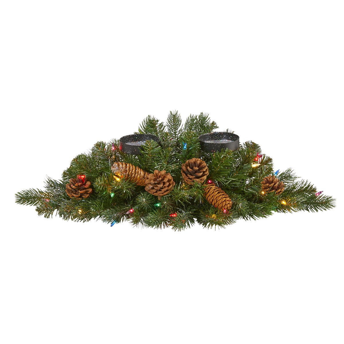 24" Flocked and Glittered Artificial Christmas Double Candelabrum with 35 Multicolored Lights and Pine Cones - 24