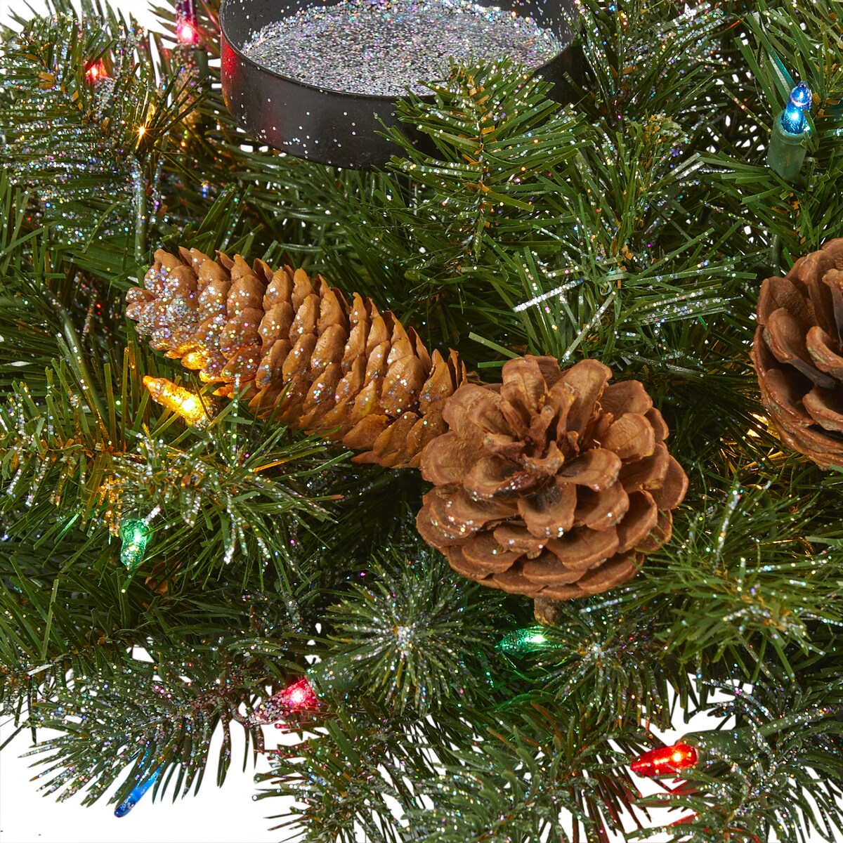 24" Flocked and Glittered Artificial Christmas Double Candelabrum with 35 Multicolored Lights and Pine Cones - 24