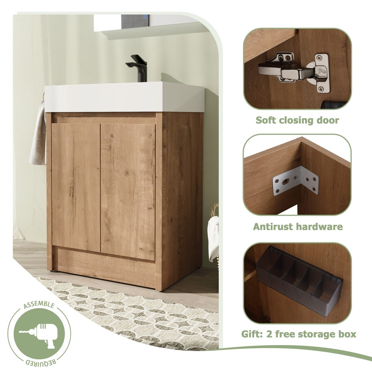 24" FreeStanding Bathroom Vanity with Sink, Floor Stand Bathroom Vanity with Soft Close Door and Shelf