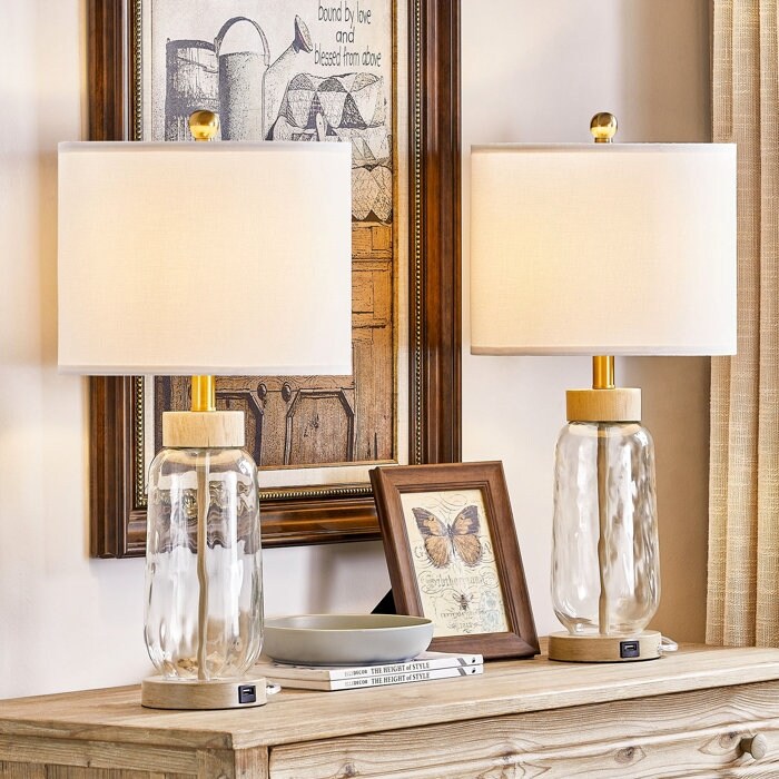 24" Glass USB Table Lamp Set