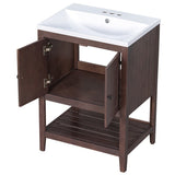 24" Grey Modern Sleek Bathroom Vanity Elegant Ceramic Sink with Solid Wood Frame Open Style Shelf