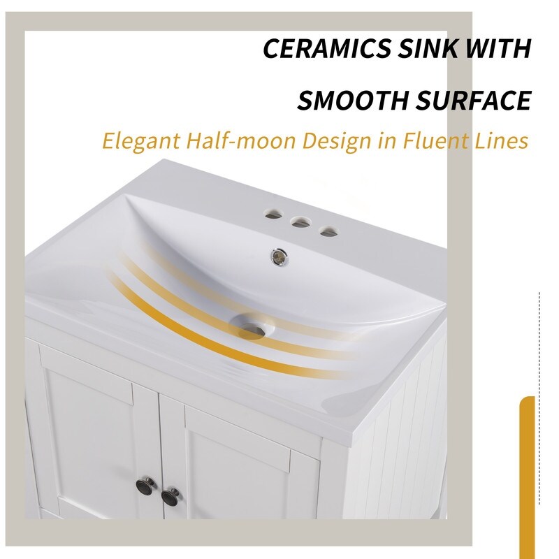 24" Grey Modern Sleek Bathroom Vanity Elegant Ceramic Sink with Solid Wood Frame Open Style Shelf