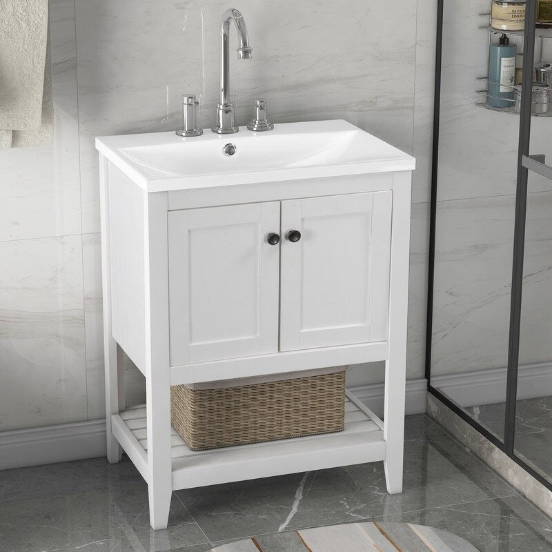 24" Grey Modern Sleek Bathroom Vanity Elegant Ceramic Sink with Solid Wood Frame Open Style Shelf