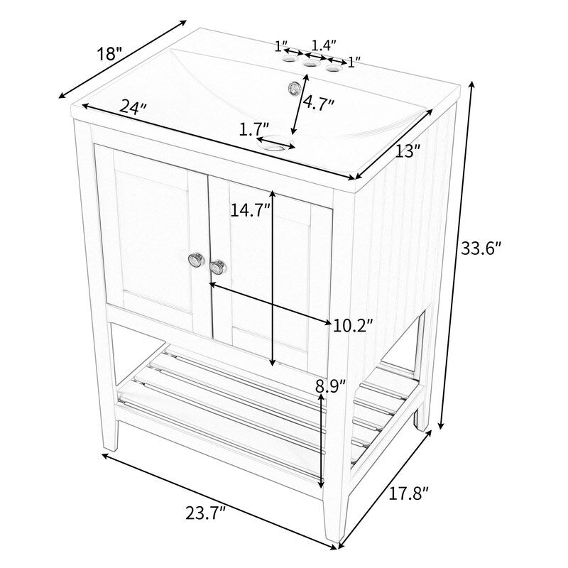 24" Grey Modern Sleek Bathroom Vanity Elegant Ceramic Sink with Solid Wood Frame Open Style Shelf