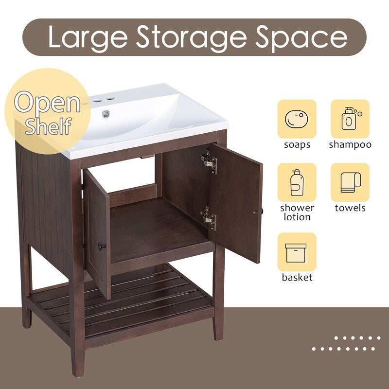 24" Grey Modern Sleek Bathroom Vanity Elegant Ceramic Sink with Solid Wood Frame Open Style Shelf