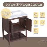 24" Grey Modern Sleek Bathroom Vanity Elegant Ceramic Sink with Solid Wood Frame Open Style Shelf