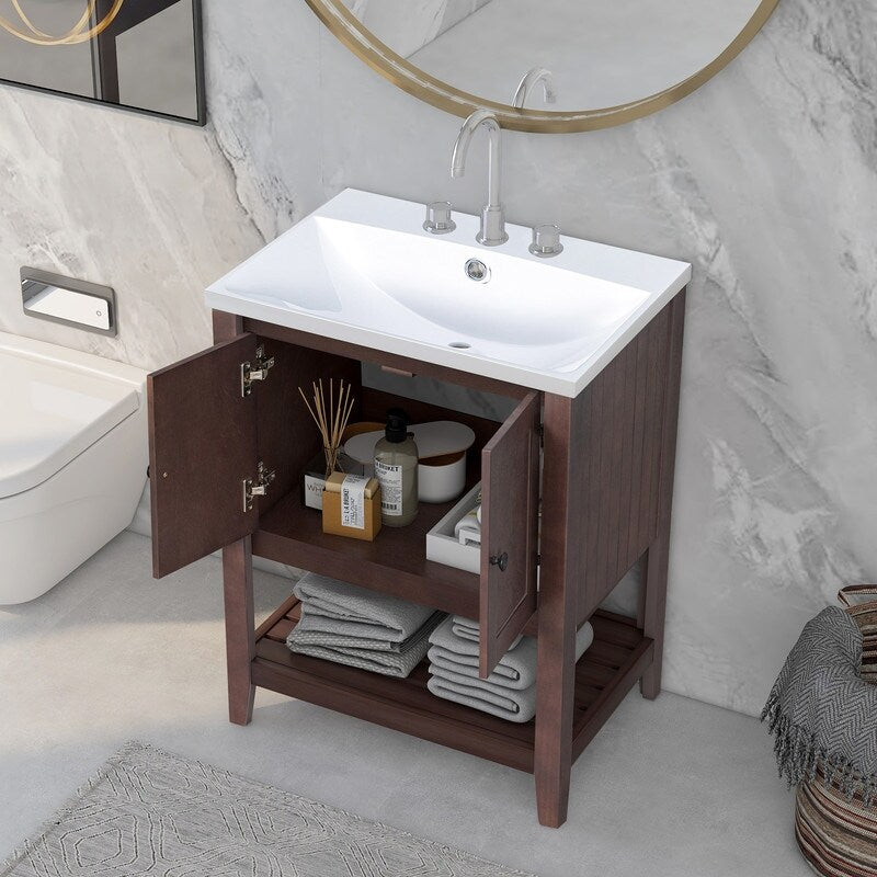 24" Grey Modern Sleek Bathroom Vanity Elegant Ceramic Sink with Solid Wood Frame Open Style Shelf
