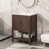 24" Grey Modern Sleek Bathroom Vanity Elegant Ceramic Sink with Solid Wood Frame Open Style Shelf