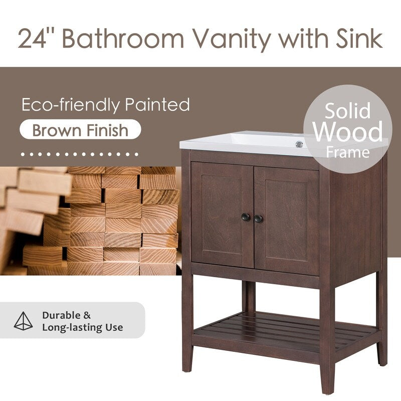24" Grey Modern Sleek Bathroom Vanity Elegant Ceramic Sink with Solid Wood Frame Open Style Shelf