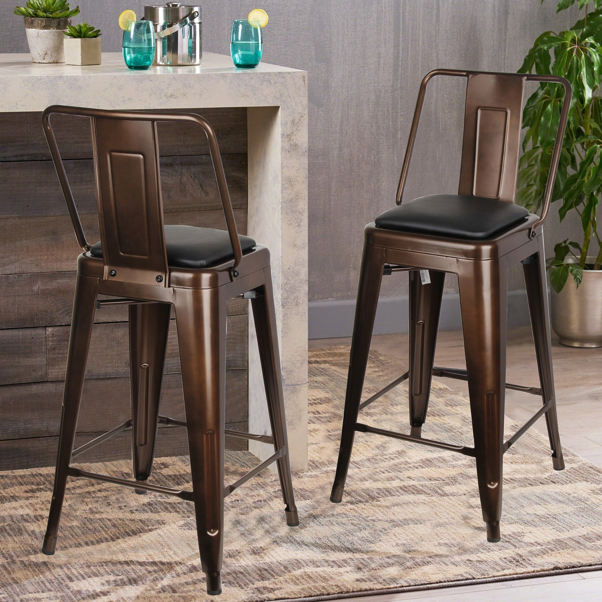 24" High Back Metal Stool with Leather Cushion-Set of 2