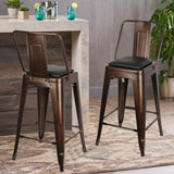 24" High Back Metal Stool with Leather Cushion-Set of 2