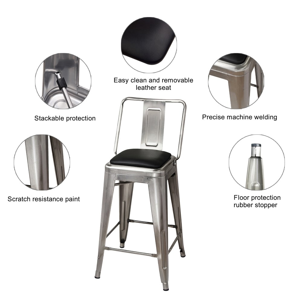 24" High Back Metal Stool with Leather Cushion-Set of 2
