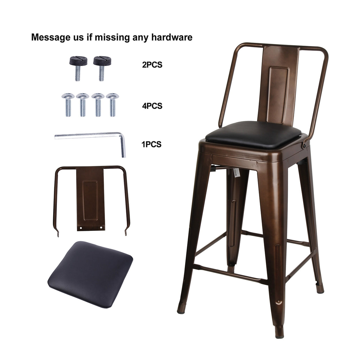 24" High Back Metal Stool with Leather Cushion-Set of 2