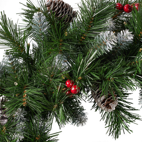 24" Mixed Spruce Christmas Wreath 50 Warm White LED Lights, Frosted Branches, Red Berries & Pinecones by Christopher Knight Home