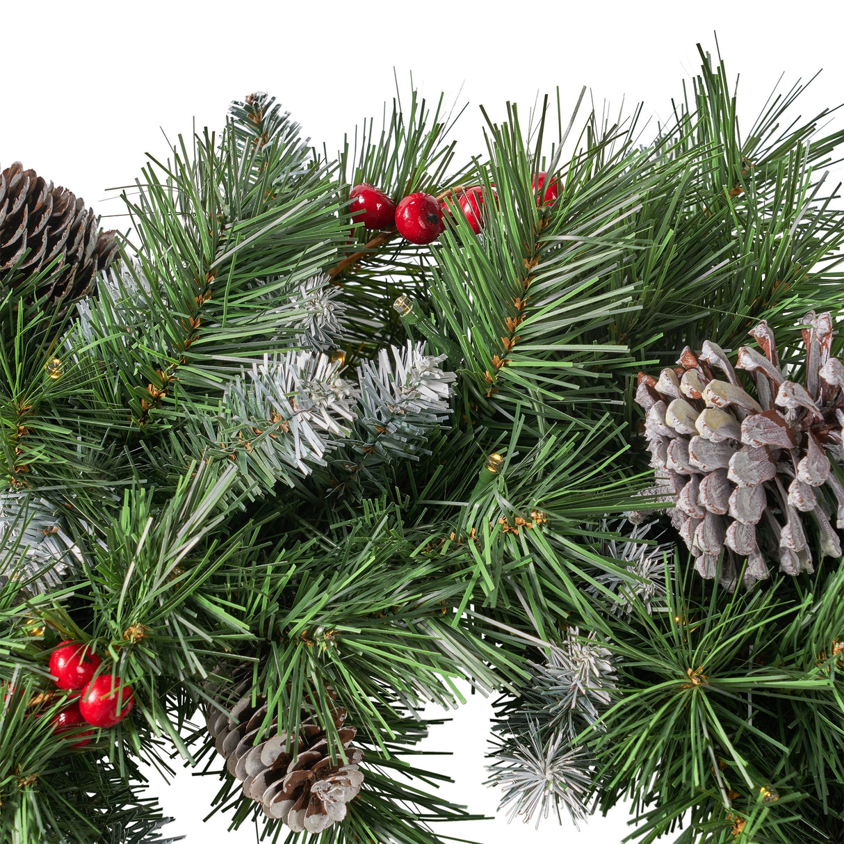 24" Mixed Spruce Christmas Wreath 50 Warm White LED Lights, Frosted Branches, Red Berries & Pinecones by Christopher Knight Home