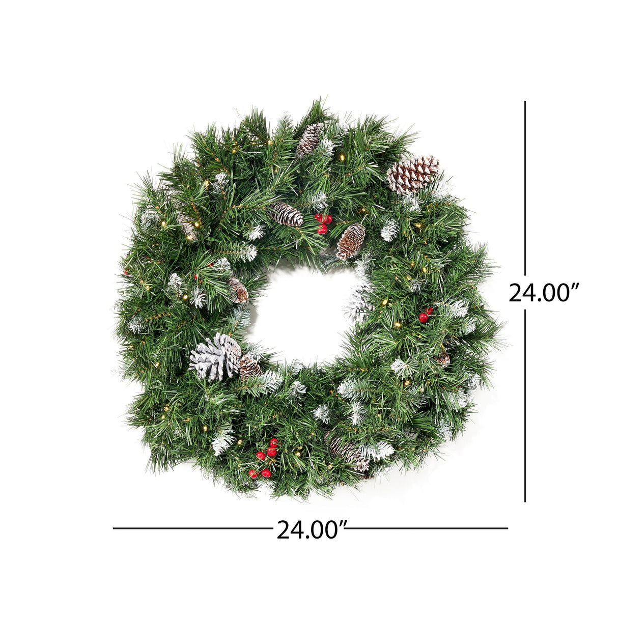 24" Mixed Spruce Christmas Wreath 50 Warm White LED Lights, Frosted Branches, Red Berries & Pinecones by Christopher Knight Home