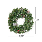 24" Mixed Spruce Christmas Wreath 50 Warm White LED Lights, Frosted Branches, Red Berries & Pinecones by Christopher Knight Home