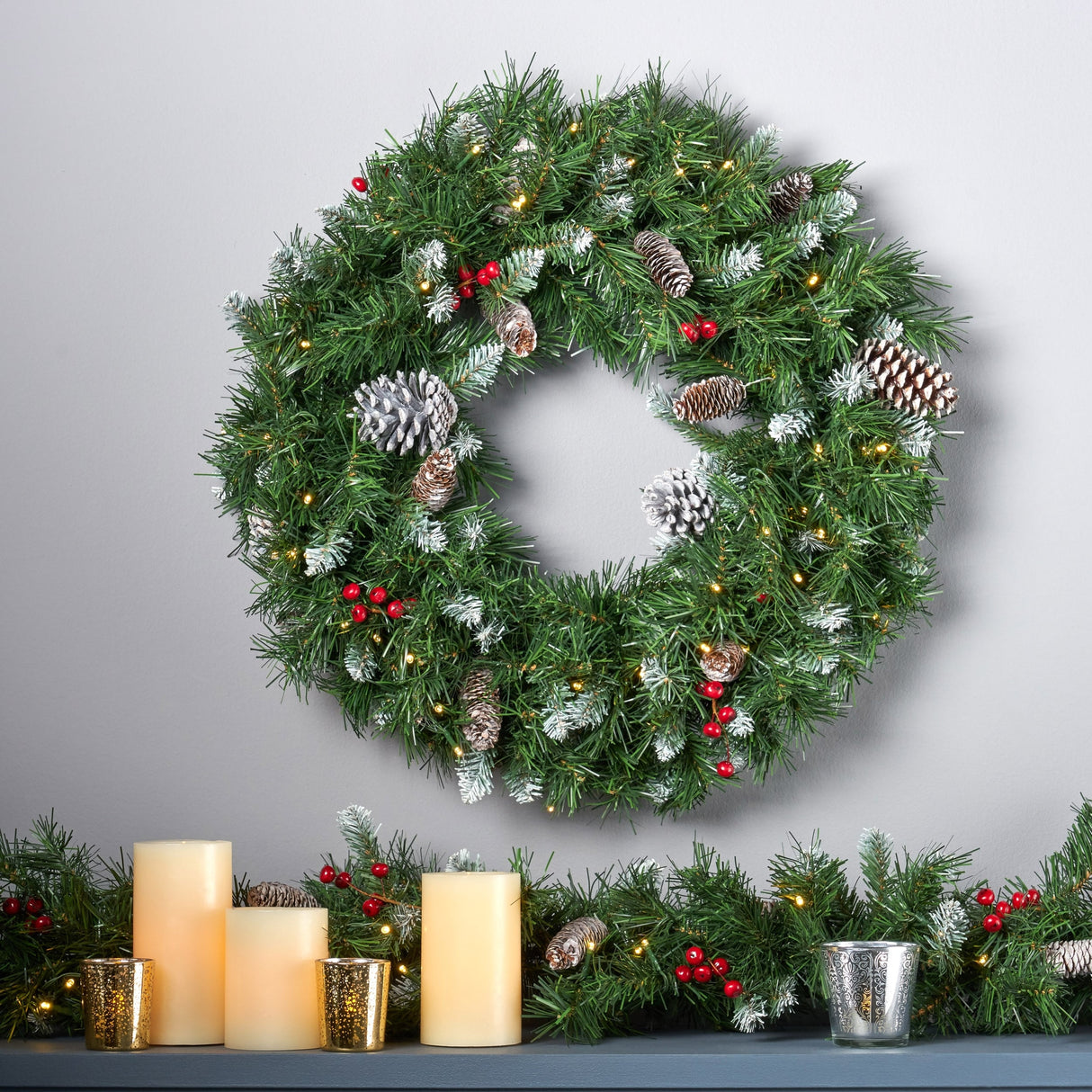 24" Mixed Spruce Christmas Wreath 50 Warm White LED Lights, Frosted Branches, Red Berries & Pinecones by Christopher Knight Home