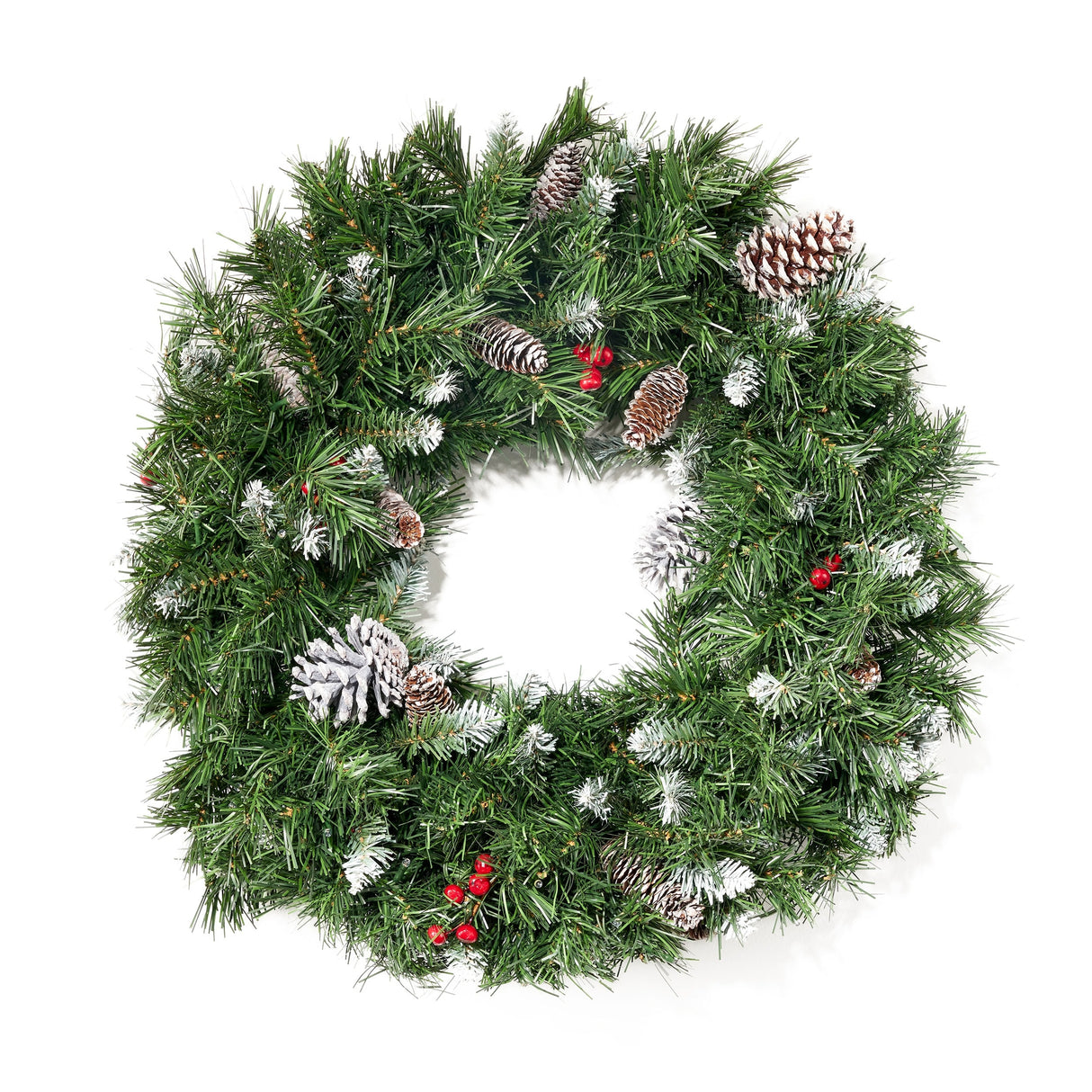 24" Mixed Spruce Christmas Wreath 50 Warm White LED Lights, Frosted Branches, Red Berries & Pinecones by Christopher Knight Home