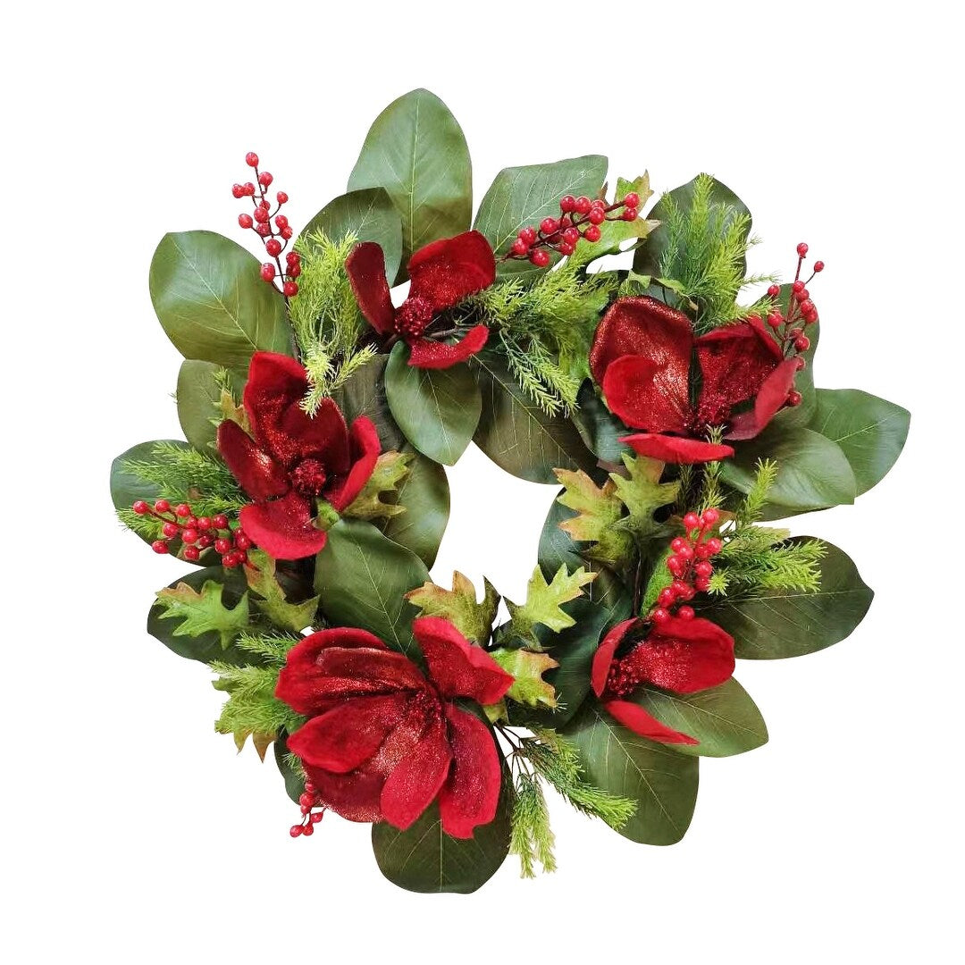 24" Red Magnolia Wreath - Faux Red Magnolia