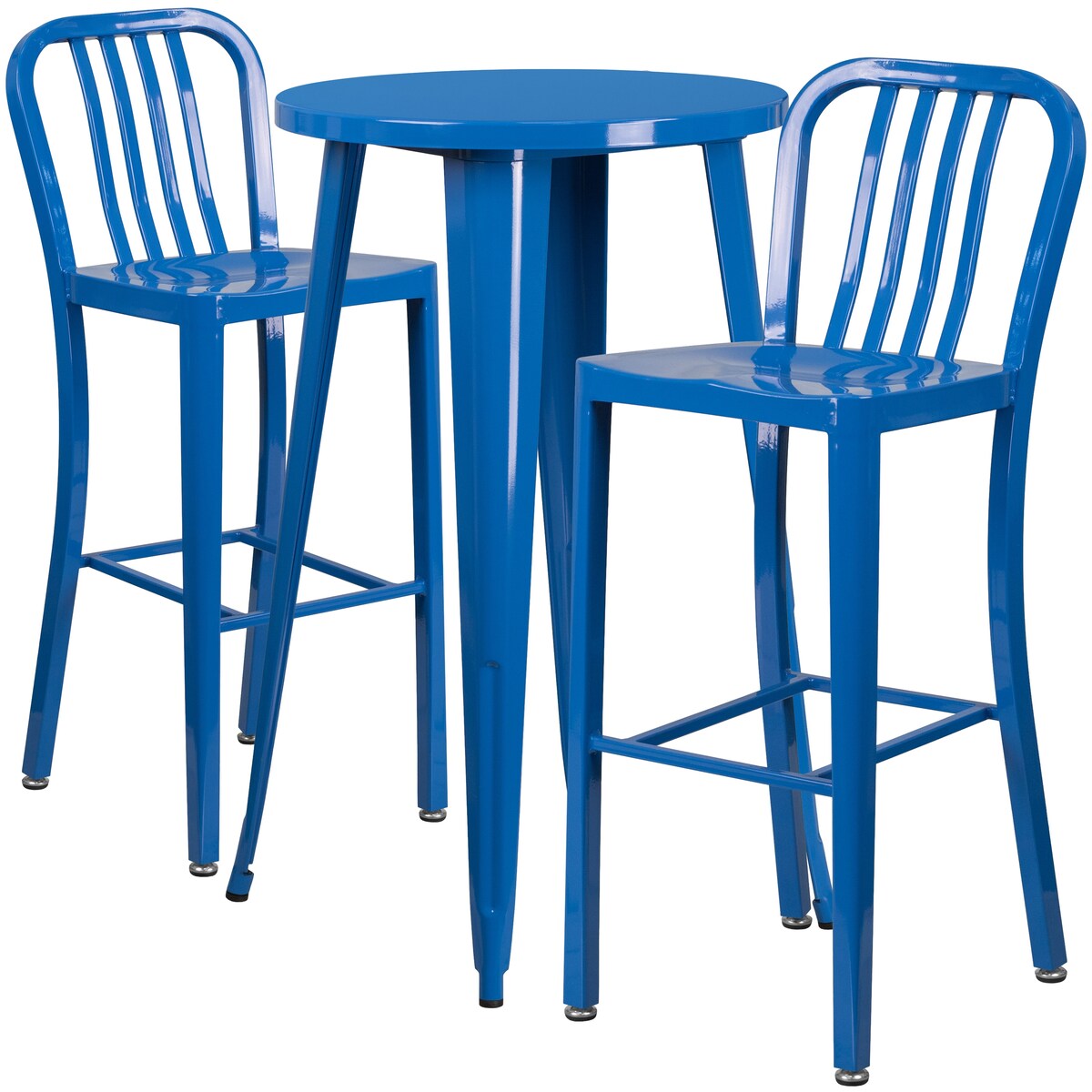 24" Round Metal Indoor-Outdoor Bar Table Set with 2 Vertical Slat Back Stools