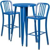 24" Round Metal Indoor-Outdoor Bar Table Set with 2 Vertical Slat Back Stools