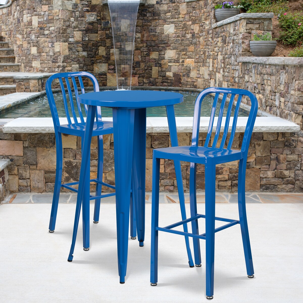24" Round Metal Indoor-Outdoor Bar Table Set with 2 Vertical Slat Back Stools