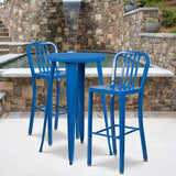 24" Round Metal Indoor-Outdoor Bar Table Set with 2 Vertical Slat Back Stools