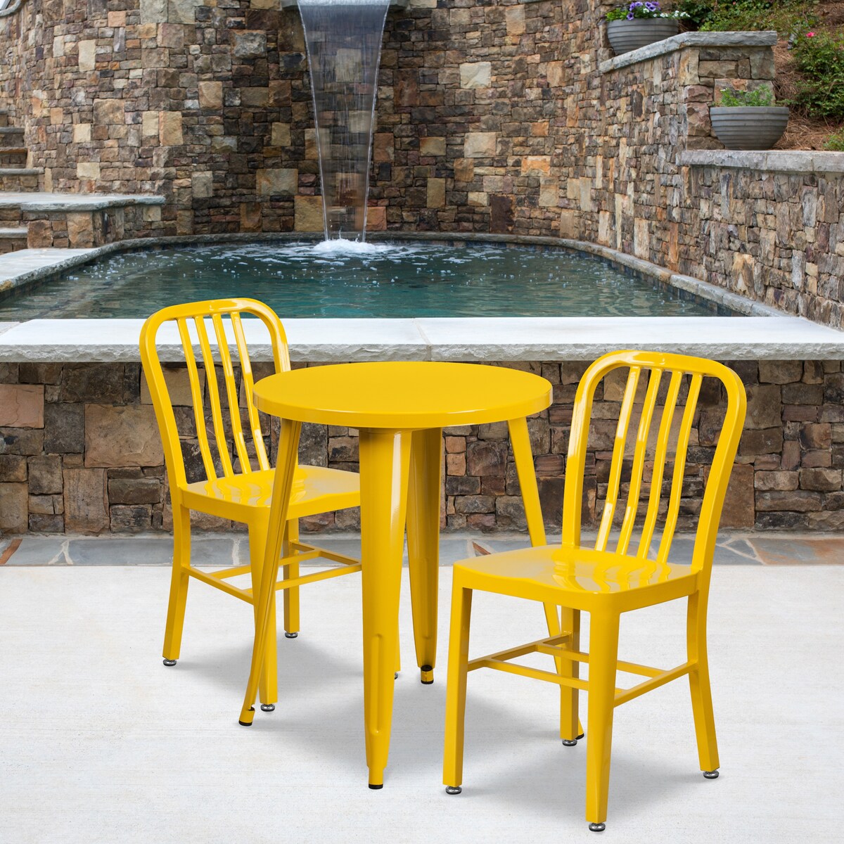 24" Round Metal Indoor-Outdoor Table Set with 2 Vertical Slat Back Chairs