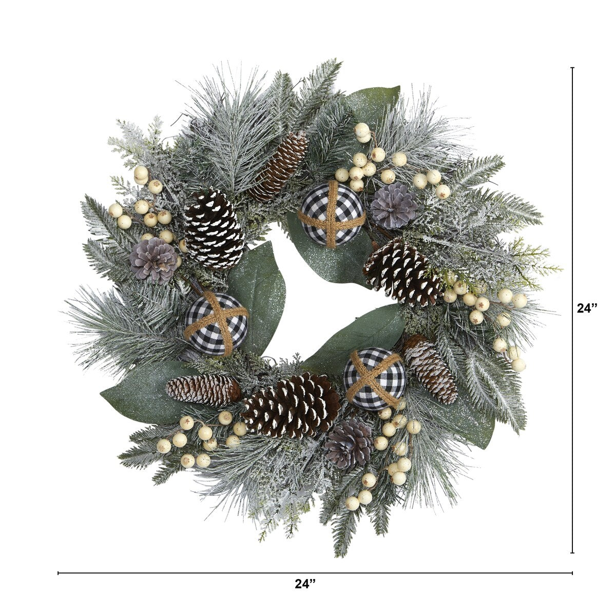 24" Snow Tipped Holiday Artificial Wreath with Berries, Pine Cones and Ornaments