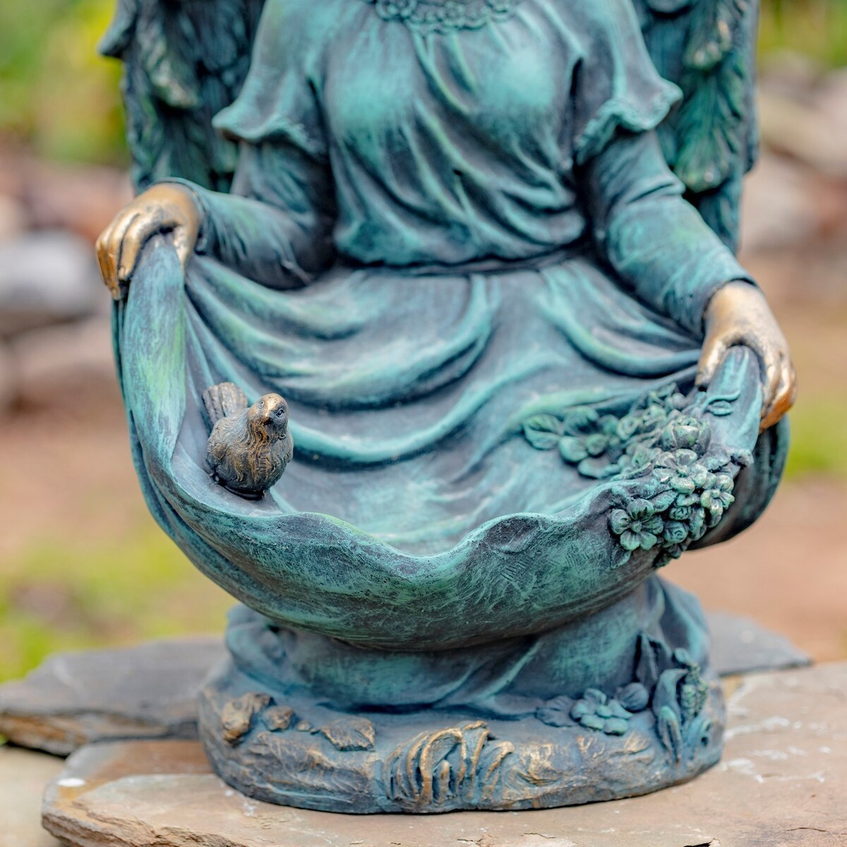 24" Tall Kneeling Angel Child Statue and Birdbath in Antique Bronze
