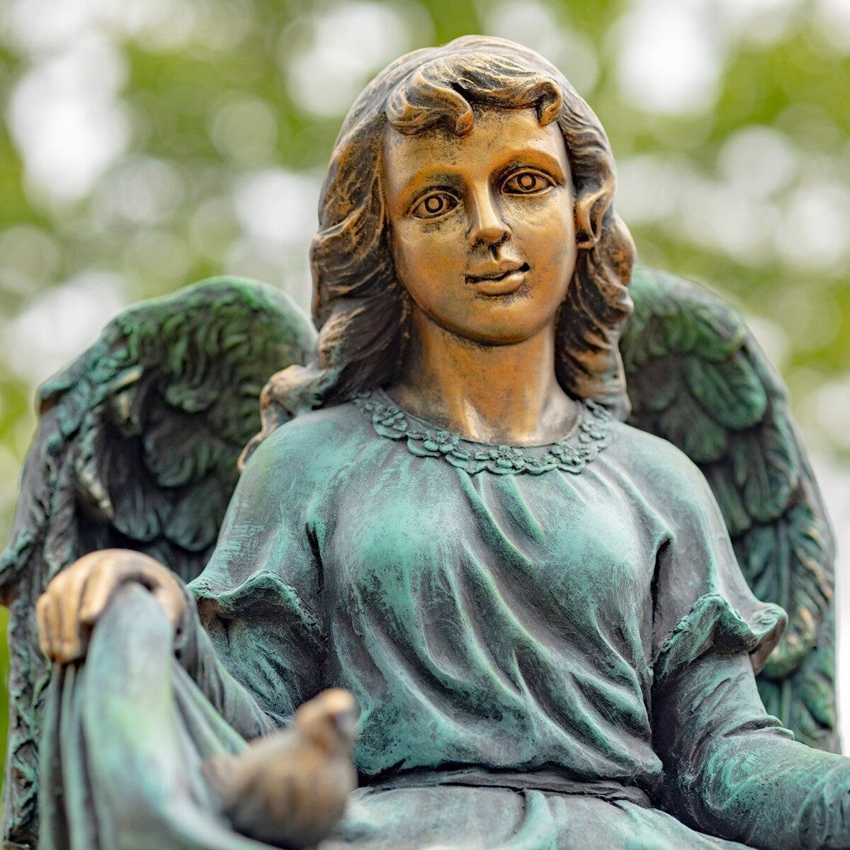 24" Tall Kneeling Angel Child Statue and Birdbath in Antique Bronze