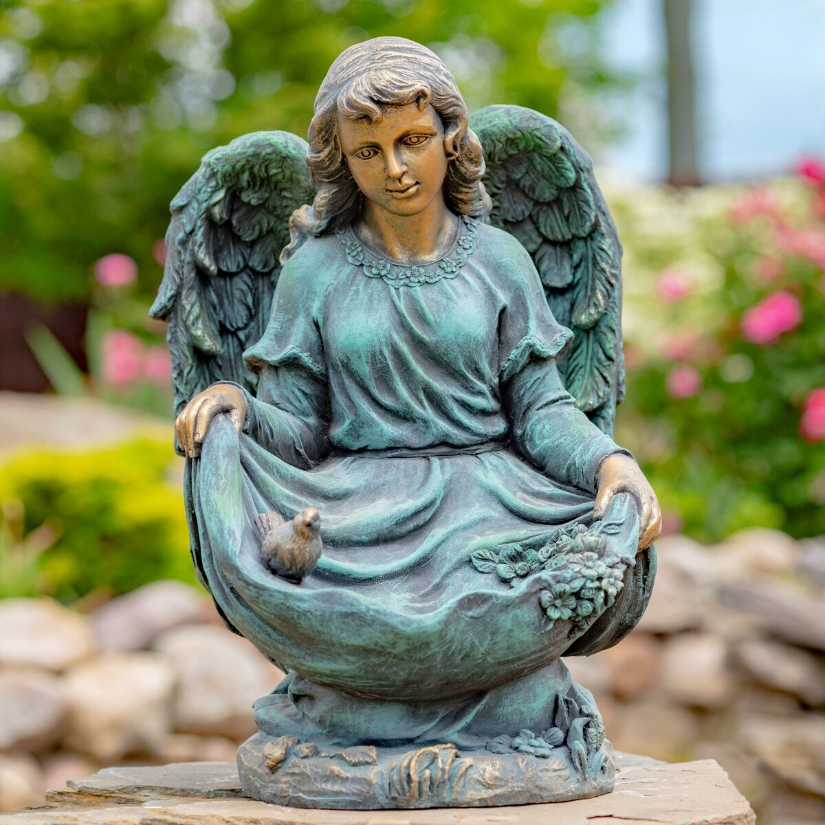 24" Tall Kneeling Angel Child Statue and Birdbath in Antique Bronze