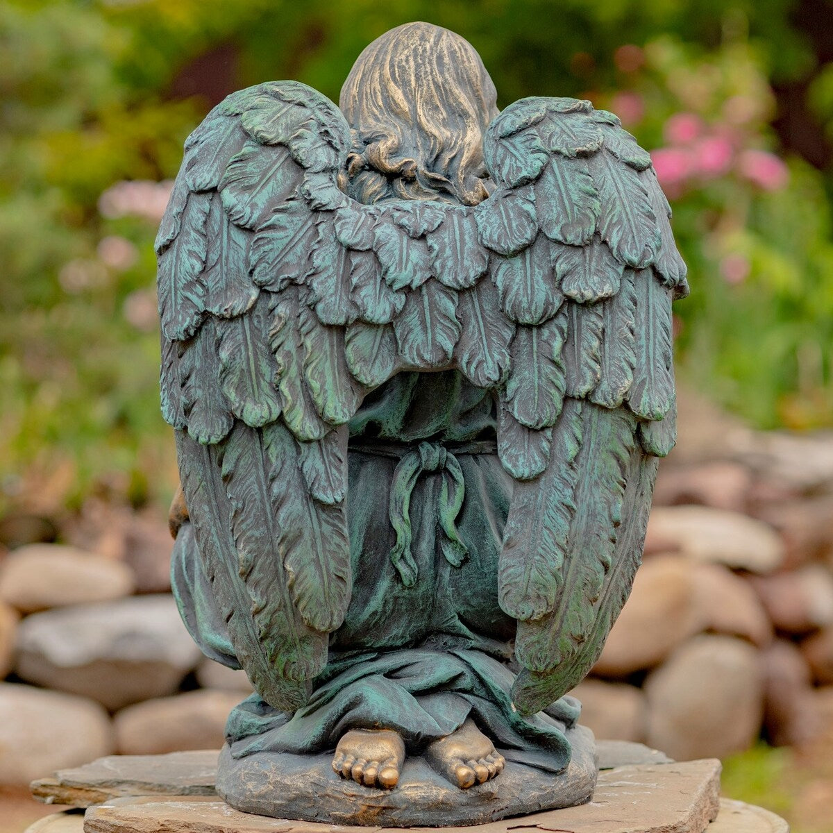 24" Tall Kneeling Angel Child Statue and Birdbath in Antique Bronze