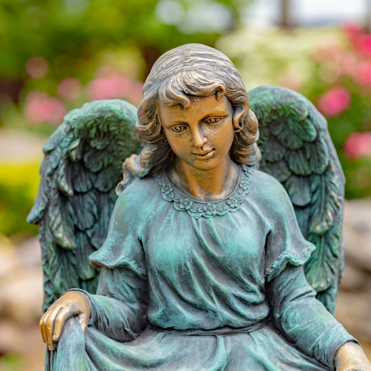 24" Tall Kneeling Angel Child Statue and Birdbath in Antique Bronze