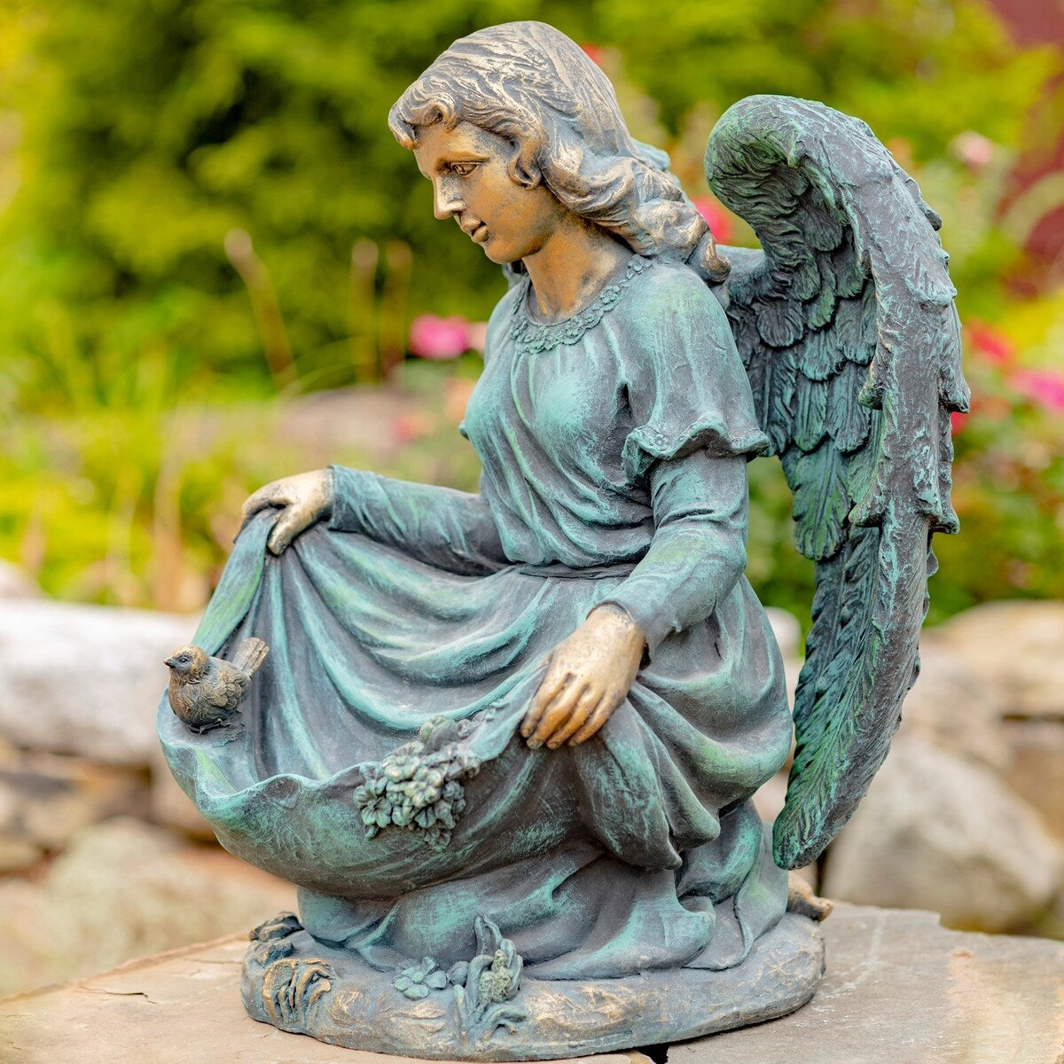 24" Tall Kneeling Angel Child Statue and Birdbath in Antique Bronze