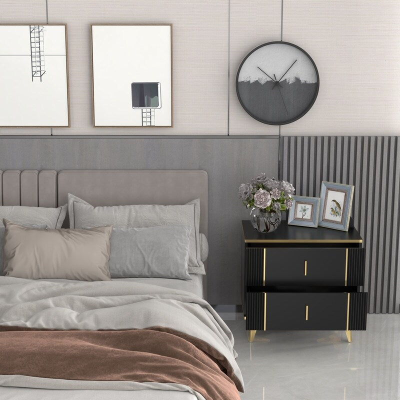 24"W Two Drawer Black Bedside Table Nightstand Night Table